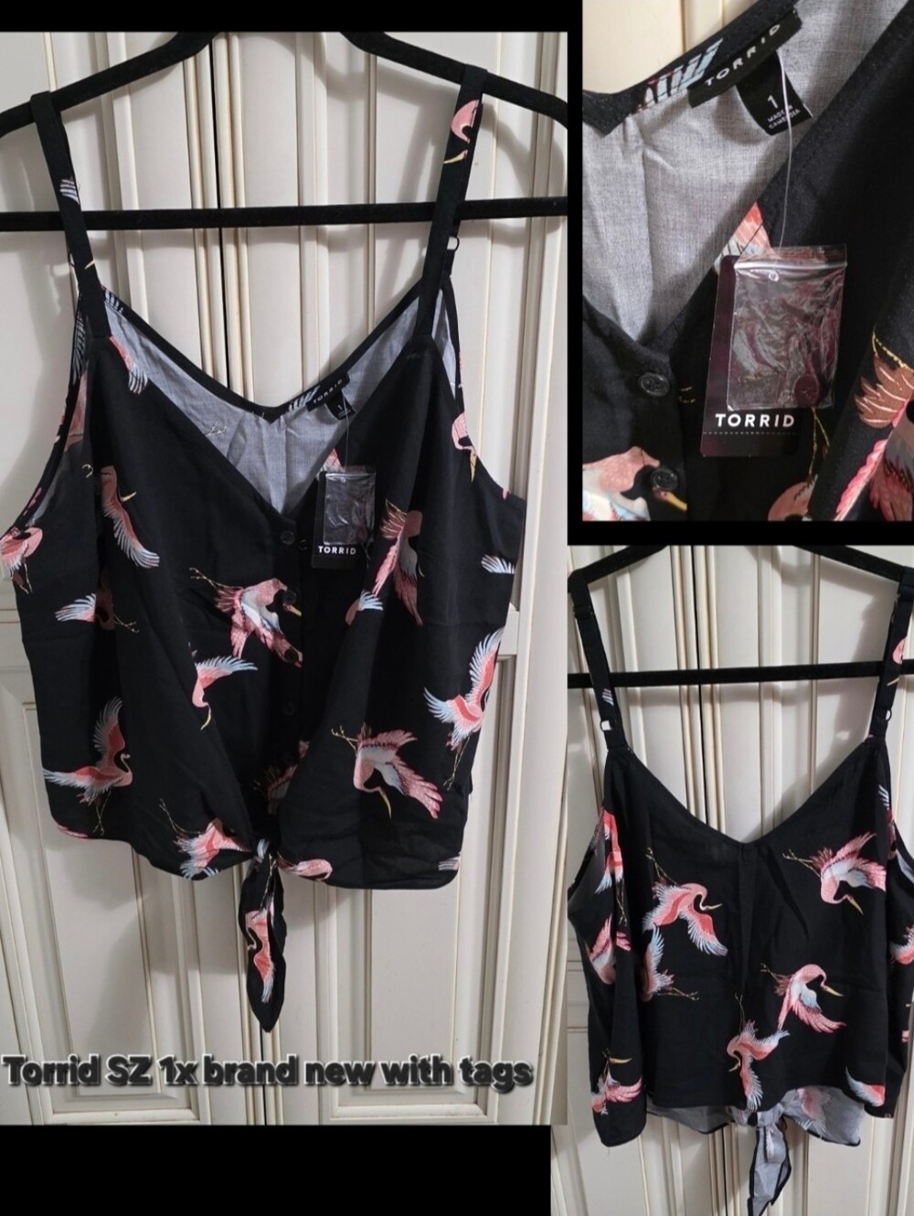 torrid Black Cami with Pink Crane Tie-Front Sz 1x
